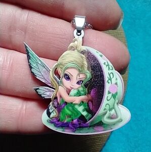 Fairy Teacup Pendant Necklace green purple white